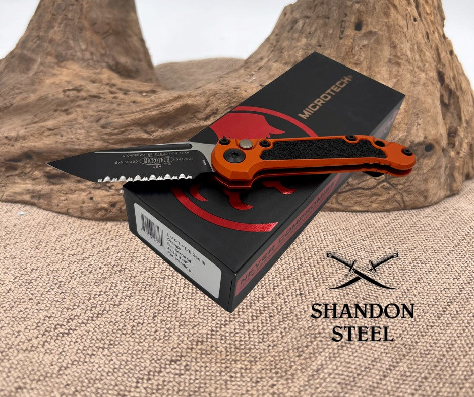 Microtech LUDT GEN III T/E BLACK FULL SERRATE ORANGE 1136-3OR