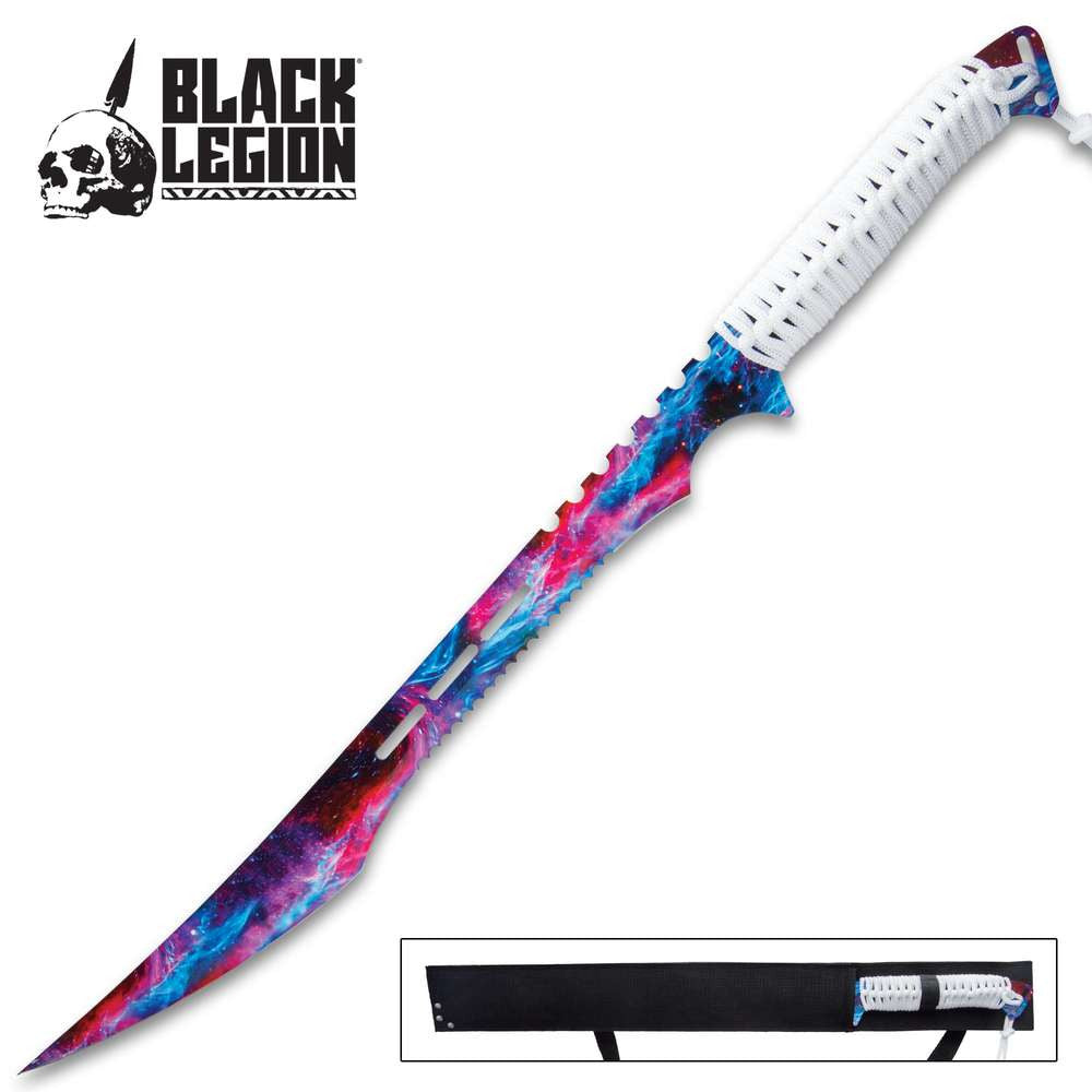 Black Legion Cosmic Ninja Sword With Sheath - Stainless Steel Construction, Partially Serrated, Cord-Wrapped Handle - Length 27”