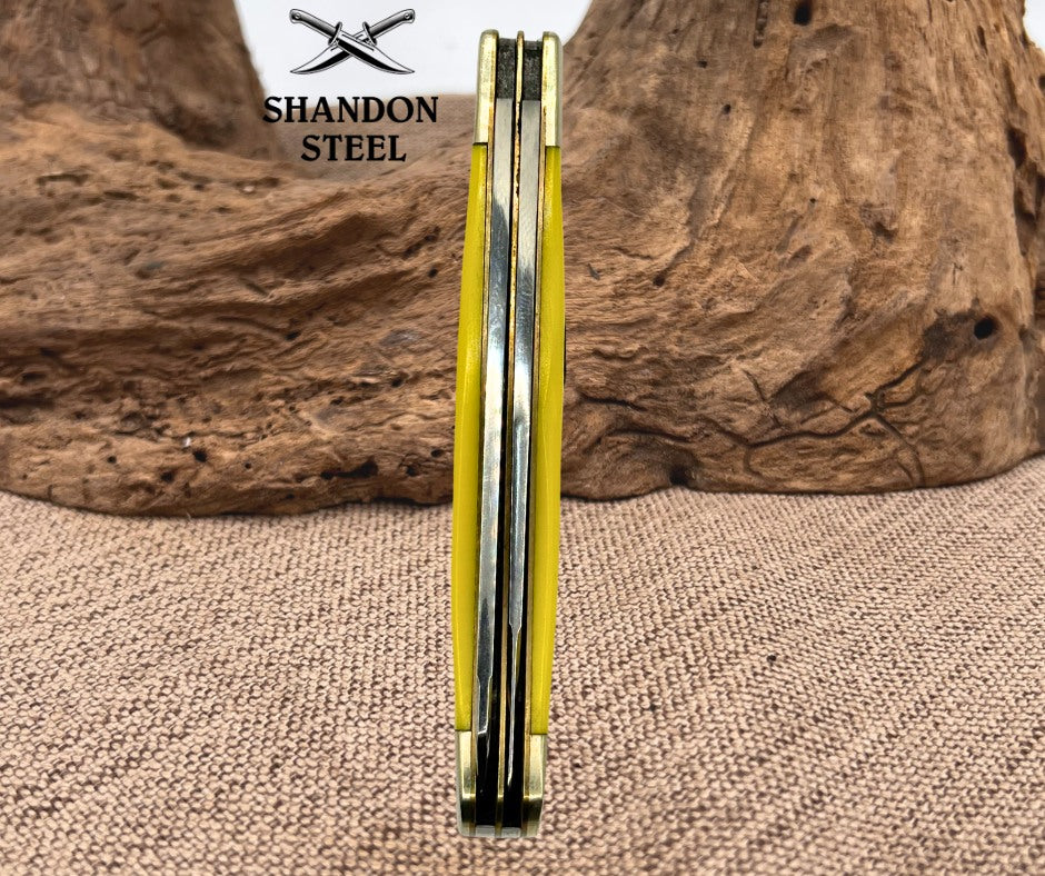 Buck Creek Trapper Yellow Synthetic Folding 2 Blade Stainless Pocket Knife (42)