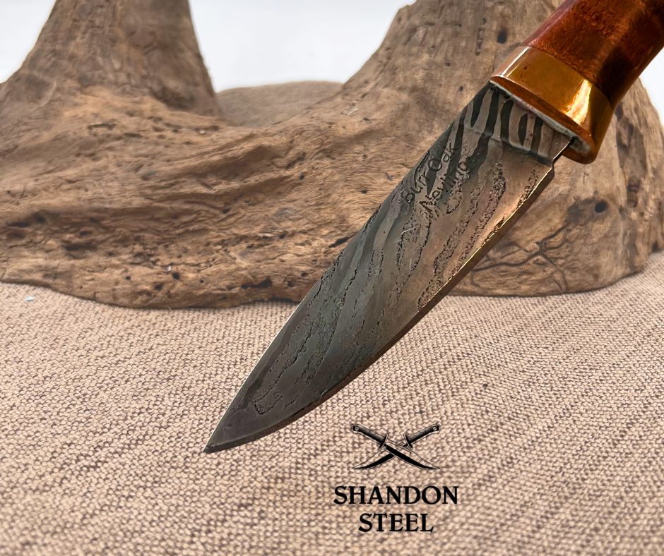 Burr Oak Handmade USA Damascus Drop Point Neck Knife w Sheath By MARK NEVLING 06