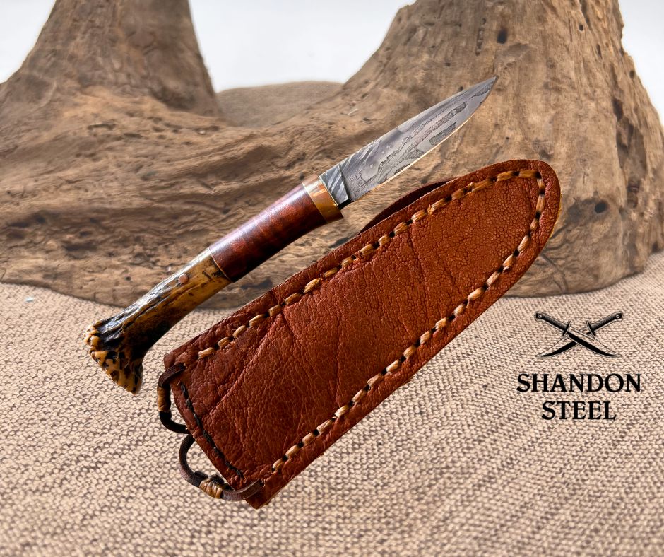 Burr Oak Handmade USA Damascus Drop Point Neck Knife w Sheath By MARK NEVLING 06