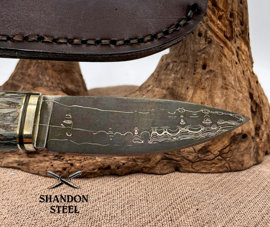 Burr Oak USA Handmade Damascus Clip Point Custom Knife with Leather Sheath (11)