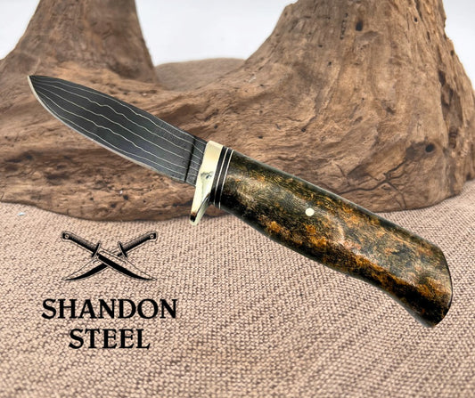 Burr Oak Handmade Random Pattern Damascus Drop Point Hunter Maple Handle Knife 03