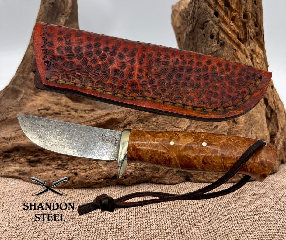 Burr Oak USA Handmade Damascus Skinner Custom Hunter Knife w Leather Sheath (08)