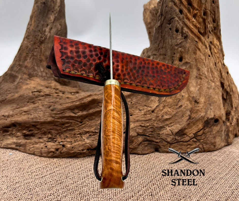 Burr Oak USA Handmade Damascus Skinner Custom Hunter Knife w Leather Sheath (08)