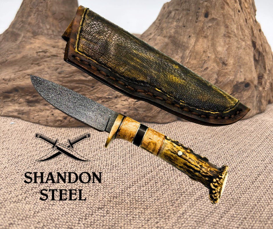Burr Oak Handmade Turkish Lace Pattern Damascus Drop Point Hunter Custom Knife 02