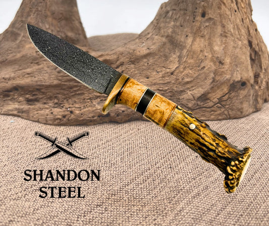 Burr Oak Handmade Turkish Lace Pattern Damascus Drop Point Hunter Custom Knife 02