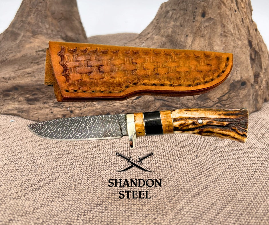 Burr Oak Handmade Twisted Checkerboard Damascus Drop Point Stag Hunter Knife