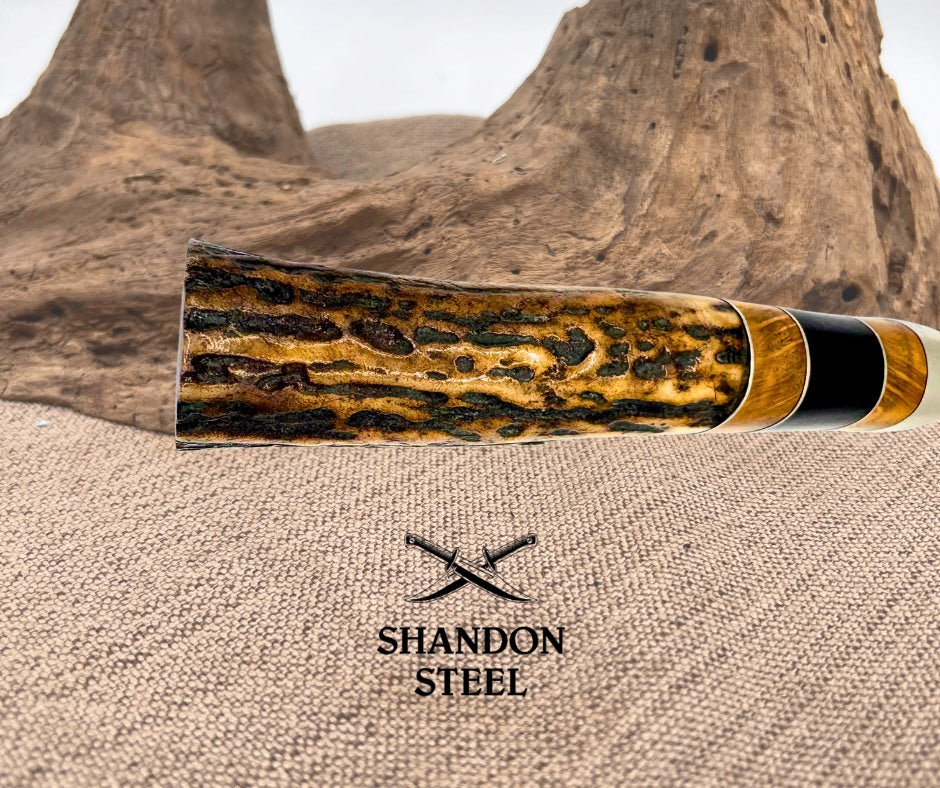 Burr Oak Handmade Twisted Checkerboard Damascus Drop Point Stag Hunter Knife