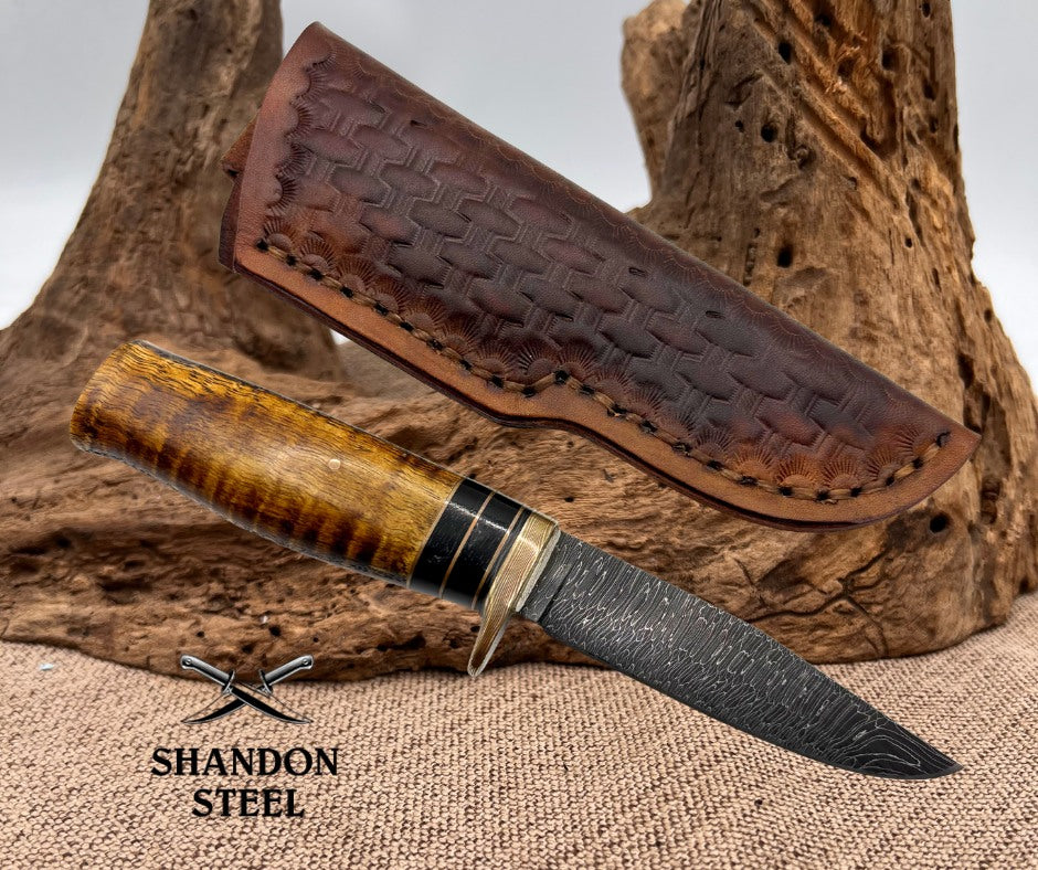 Burr Oak USA Handmade Damascus Clip Point Custom Knife with Leather Sheath (10)