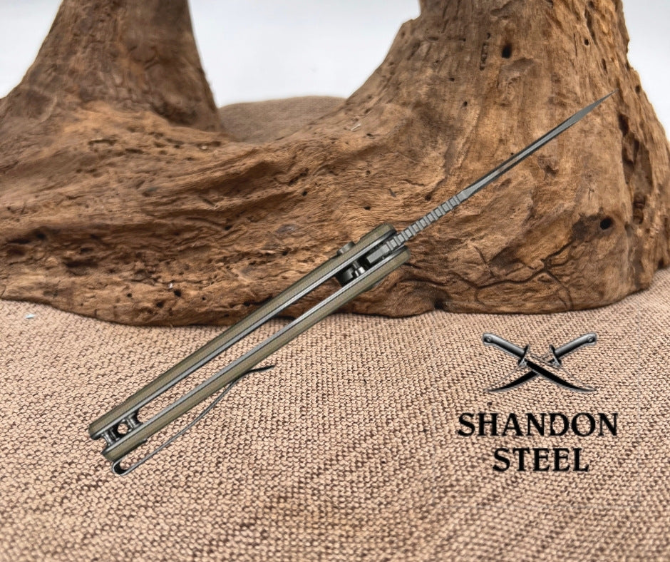 CIVIVI Vexron Flipper & Thumb Hole & Button Lock Knife Milled Green & Tan G10 Handle (2.98" Stonewashed 14C28N Blade) C24066-2