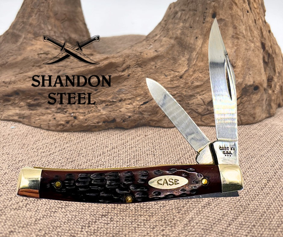 CASE XX USA 3 DOT 1977 JIGGED BROWN DELRIN 2 BLADE JACK POCKET KNIFE 6244 (03)