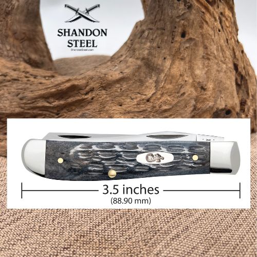 Shandon Steel pocket knife shown in a product graphic with a wood-driftwood background and a dimension label indicating 3.5 inches (88.