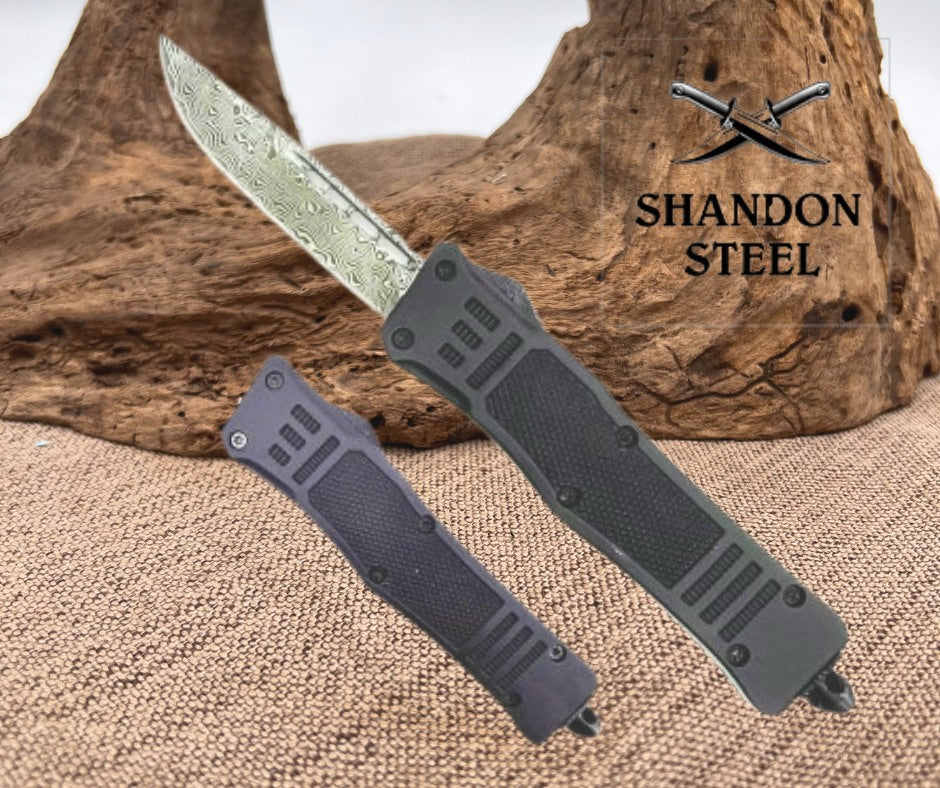 Black Legacy Edge OTF Knife Drop Point, Edged Damascus Pattern MOTF-11DDP
