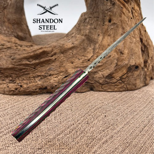 Damascus Steel Clip Point Hunting Knife Pink & Green Wood Handle Leather Sheath