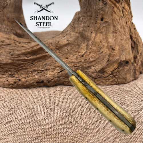 Custom Made Stag Handled Drop Point Carbon Knife w Leather Neck Sheath (12)