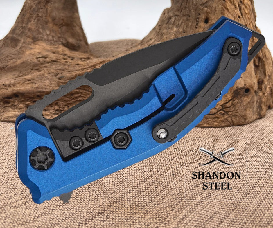 Heretic Knives Medusa Manual Frame Lock Flipper Knife 3.05" CPM-MagnaCut Black DLC Tanto Blade, Blue Aluminum Handles with Black Traction Inlays - H009-6A-BLU