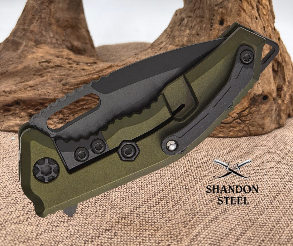 Heretic Knives Medusa Manual Frame Lock Flipper Knife 3.05" CPM-MagnaCut Black DLC Tanto Blade, Green Aluminum Handles with Black Traction Inlays - H009-6A-GRN