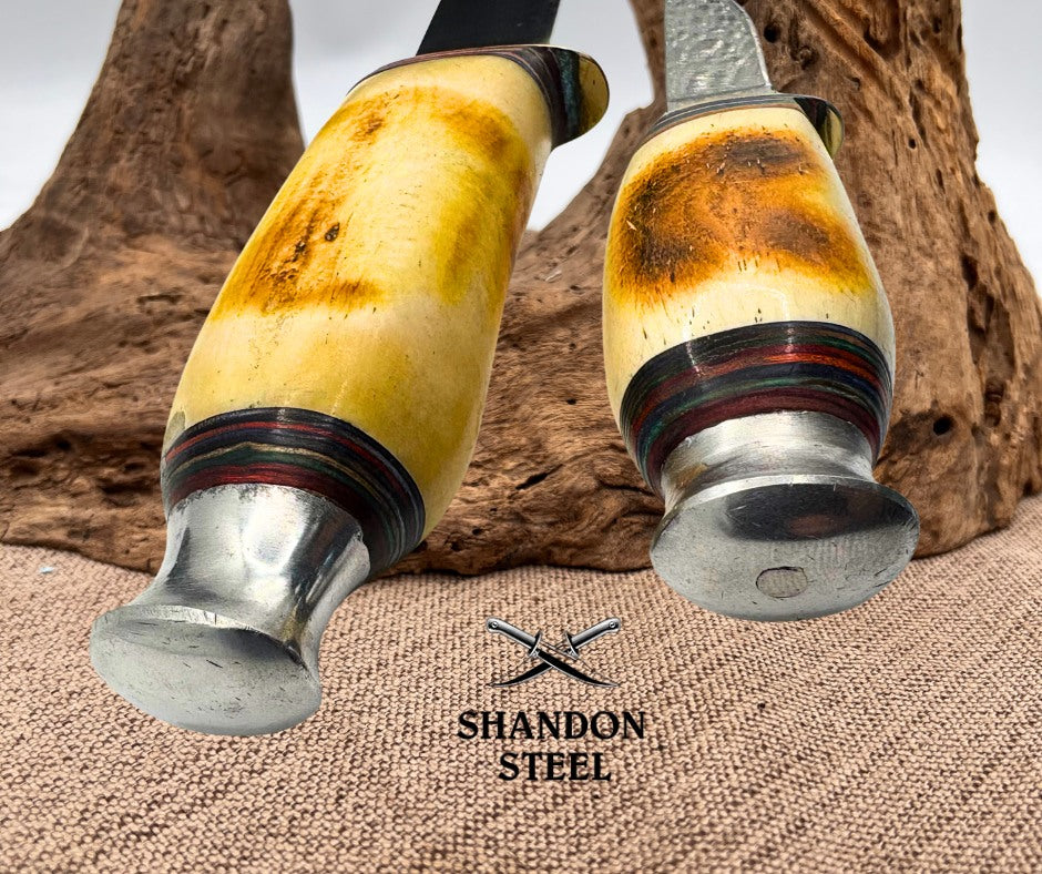 Bone Two Piece 8.5" & 5.25"  Hunting Knife Set with Leather Sheath RA-1012-A