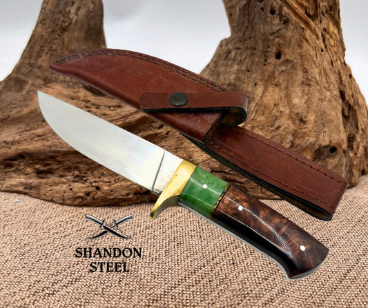 Drop Point 10" Fixed Blade Hunting Knife Leather Sheath 5.5" Blade Brass Guard 5
