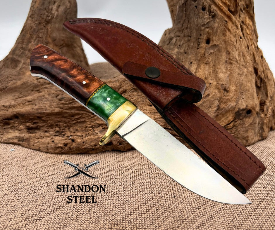Drop Point 10" Fixed Blade Hunting Knife Leather Sheath 5.5" Blade Brass Guard 5