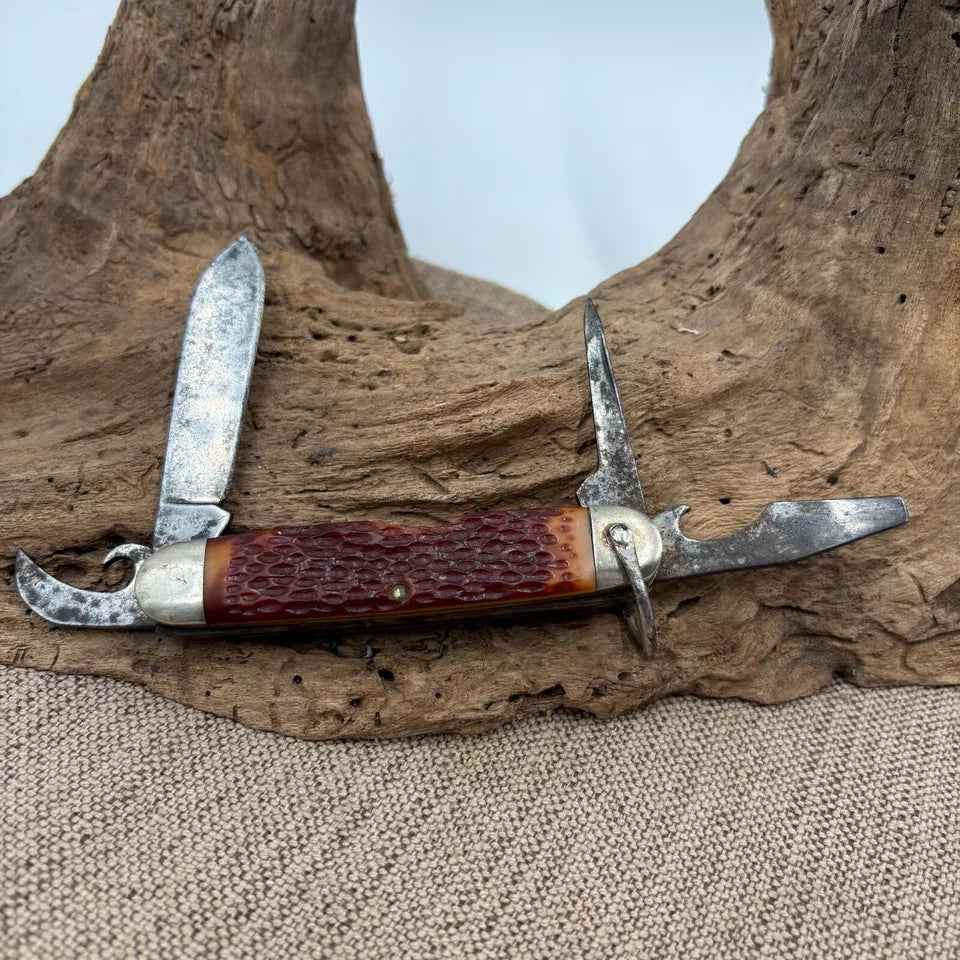 Vintage KaBar 1152 USA 4 Blade Camp Pocket Knife Jigged Delrin Handles (86)