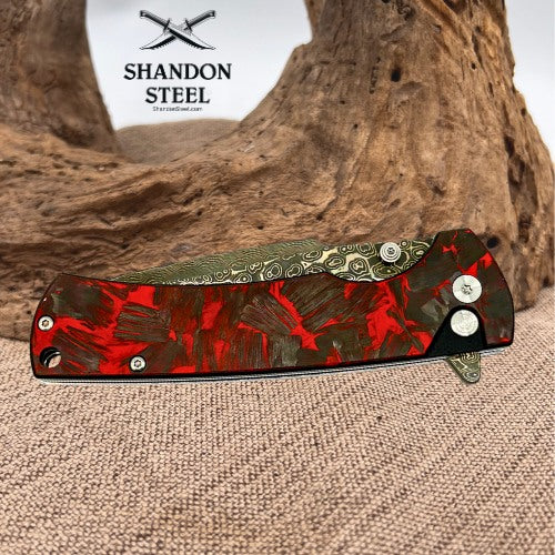 Klaken Knives Riftline Red/Black Carbon Fiber Damascus Button Lock Knife (65)