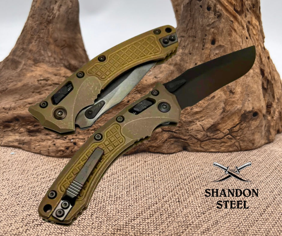 Microtech Marfione Select Amphibian RAM LOK Antique Bronze Frag Titanium Handles & DLC M390MK & DLC Accents 137RL-1DLCTFRMS1