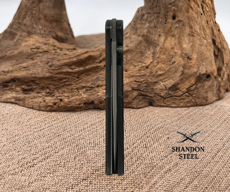 Drop Point Black Folding Pocketknife Textured Metal Handle Thumb stud (170)