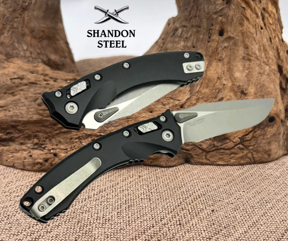 Microtech Amphibian Mini RAM LOK Black Aluminum & Apocalyptic M390MK 137MRL-10AP