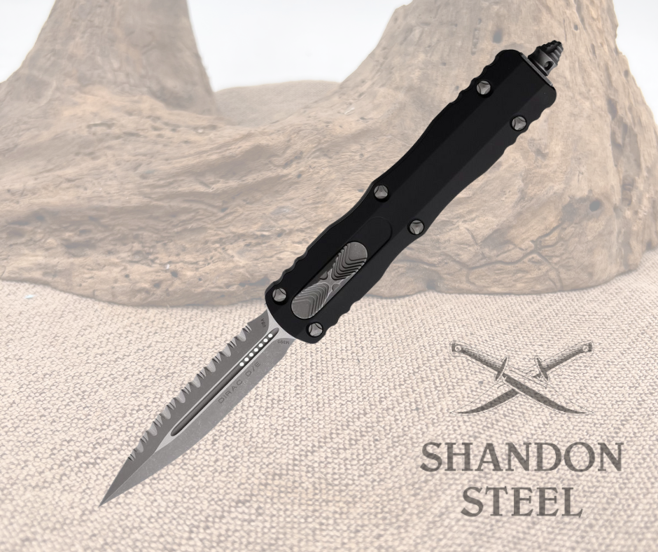 A Microtech Dirac D/E 225-12 AP knife with an automatic opening, featuring a serrated blade, black aluminum handle, and a few distinctive markings.