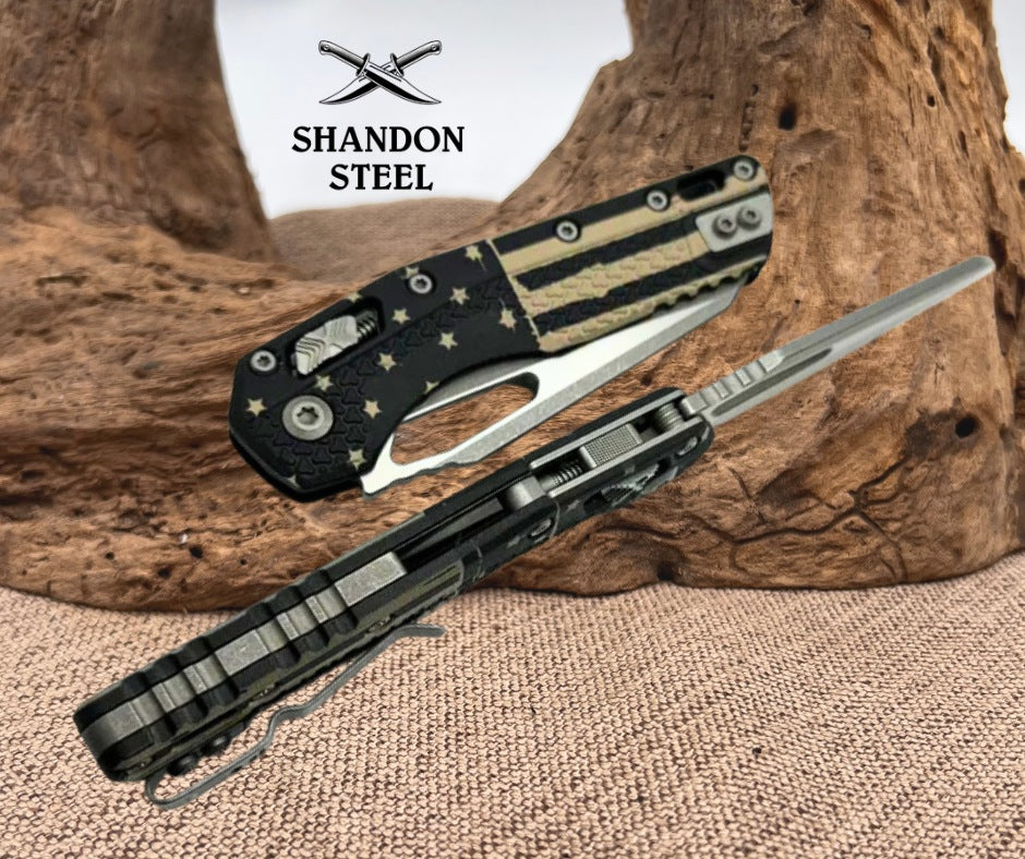 Microtech Knives MSI RAM LOK Black Polymer USA Flag & M390MK Apocalyptic 210T-10APPMFLAG