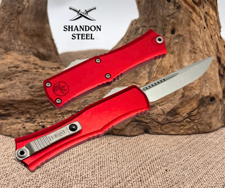 Microtech Knives Mini Hera Stonewash S/E M390MK w/ Red Handle 1703M-10RD