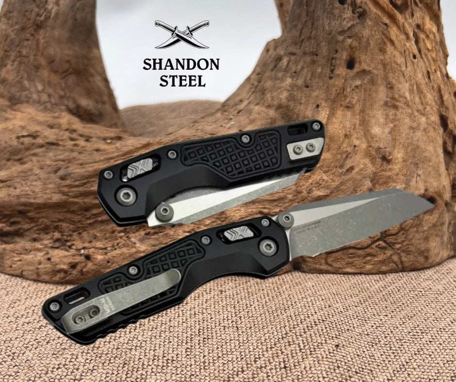 Microtech MSI RAM LOK Mini Black Frag Aluminum Handles w/ Apocalyptic Serrated M390MK 210M-11APFR
