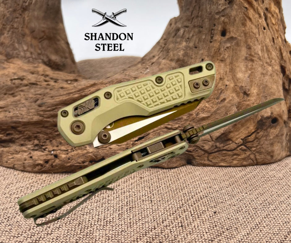 Microtech MSI RAM LOK Mini Frag Champagne Gold Aluminum Handles w/ Gold M390MK 210M-1FRCG-C19Z23