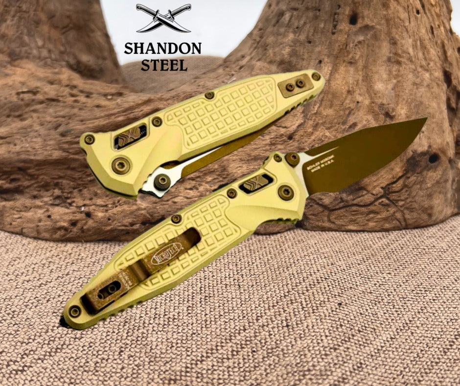 Microtech Socom Ram-Lok w/ Champagne Gold Aluminum Frag Handles & Standard M390MK 160RL-1FRCG-C19Z23