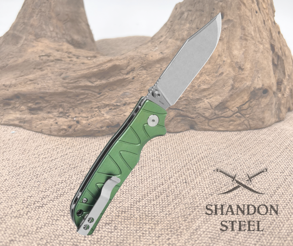 QSP Kali Button Lock Pocket Knife 14C28N Blade Green Aluminium Handle QS159-E1