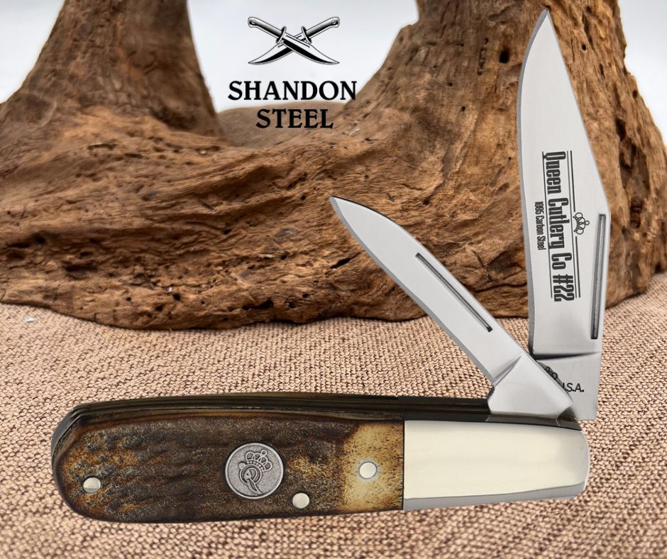 Pocket knife with wooden handle and metal blade on a textured surface with 'Shandon Steel' branding.
