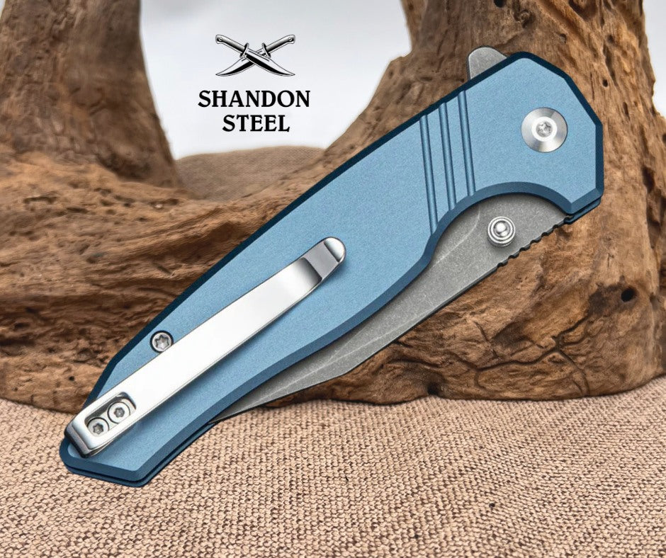 SENCUT Selkyris Flipper & Thumb Stud & Button Lock Knife Blue Aluminum Handle (3.36" Gray Stonewashed D2 Blade) S25068-3