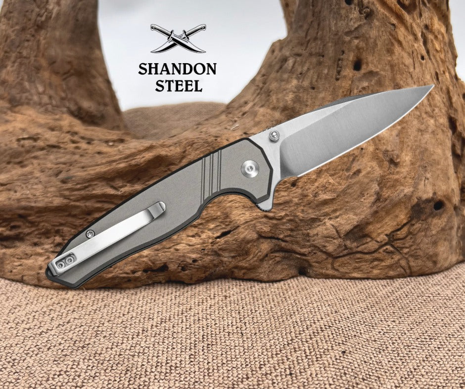 SENCUT Selkyris Flipper & Thumb Stud & Button Lock Knife Gray Aluminum Handle (3.36" Satin Finished D2 Blade) S25068-2