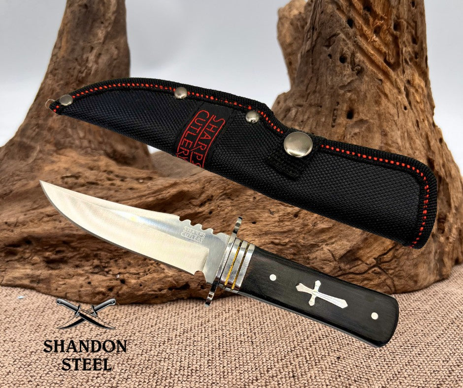 Sharps Cutlery Fixed Blade Bowie Knife with Silver Cross Shield and Sheath (03)