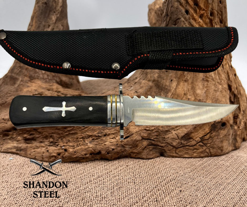 Sharps Cutlery Fixed Blade Bowie Knife with Silver Cross Shield and Sheath (03)