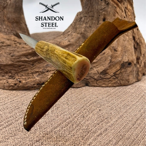 Custom Handmade Fixed Blade Hunting Knife Curved Stag Antler Handle w Sheath (8)