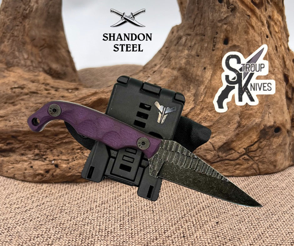Stroup Knives Mini Fixed Knife 3" 1095HC Steel Full Tang Blade Purple G10 Handle