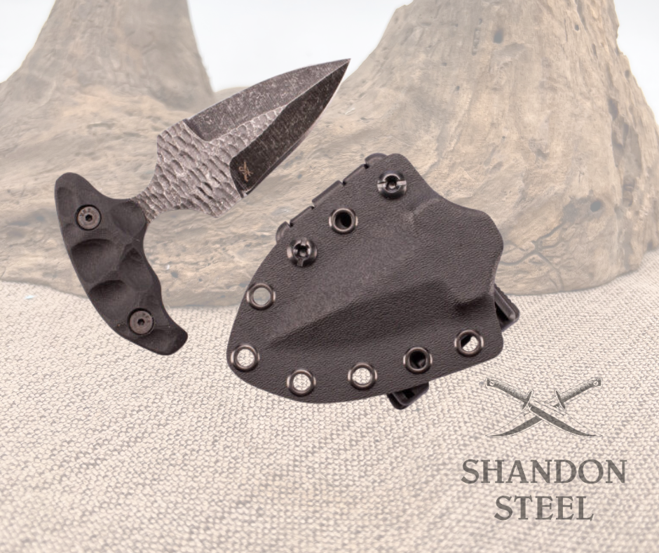 A folding knife with a black handle and a partially serrated blade, alongside a Kydex sheath and a TekLok belt clip, placed on a textured background.