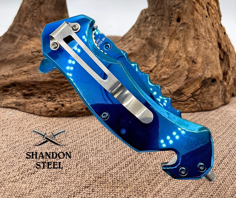 Razor Tactical Blue Assisted Open Folding Pocket Knife Seat Belt Cutter RT7040BL