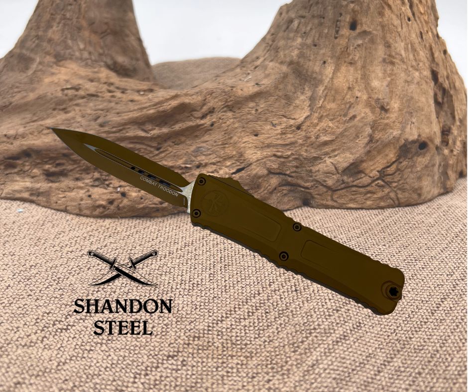 Brown knife with 'Shandon Steel' logo on a textured surface
