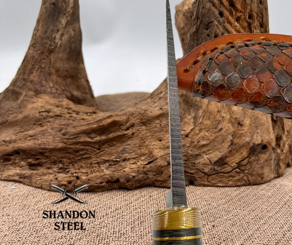 Burr Oak USA Handmade Damascus  Bird and Trout Custom Knife Leather Sheath (09)