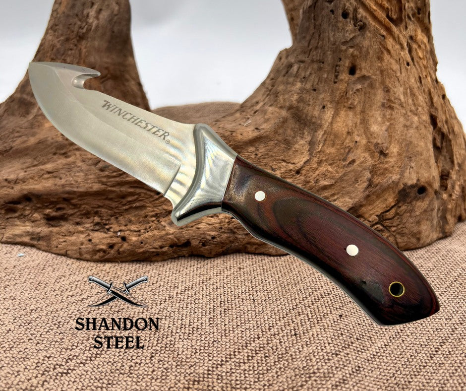 Winchester 4 inch Gut Hook Fixed Blade Wood Handle Hunting Knife with Sheath 40