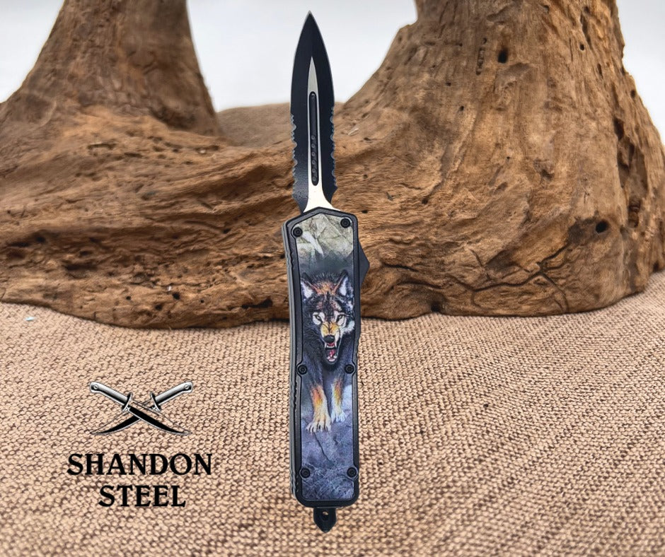 Wolf Handle Special OTF Knife Multicolor , Double Serrated Dagger Blade 118WFMC